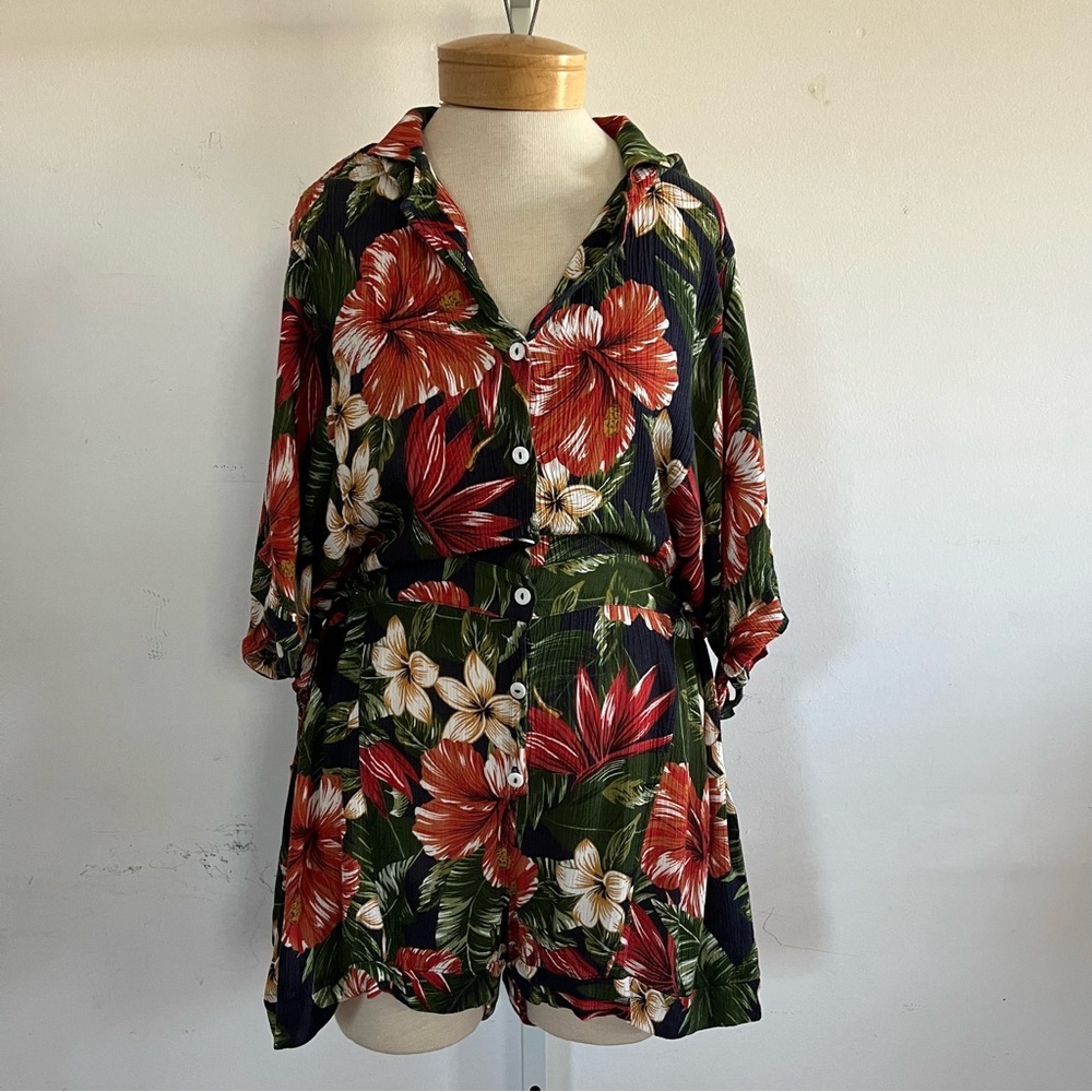 FOR DAYS Blue Hawaiian Floral Utility Romper, Sz Large